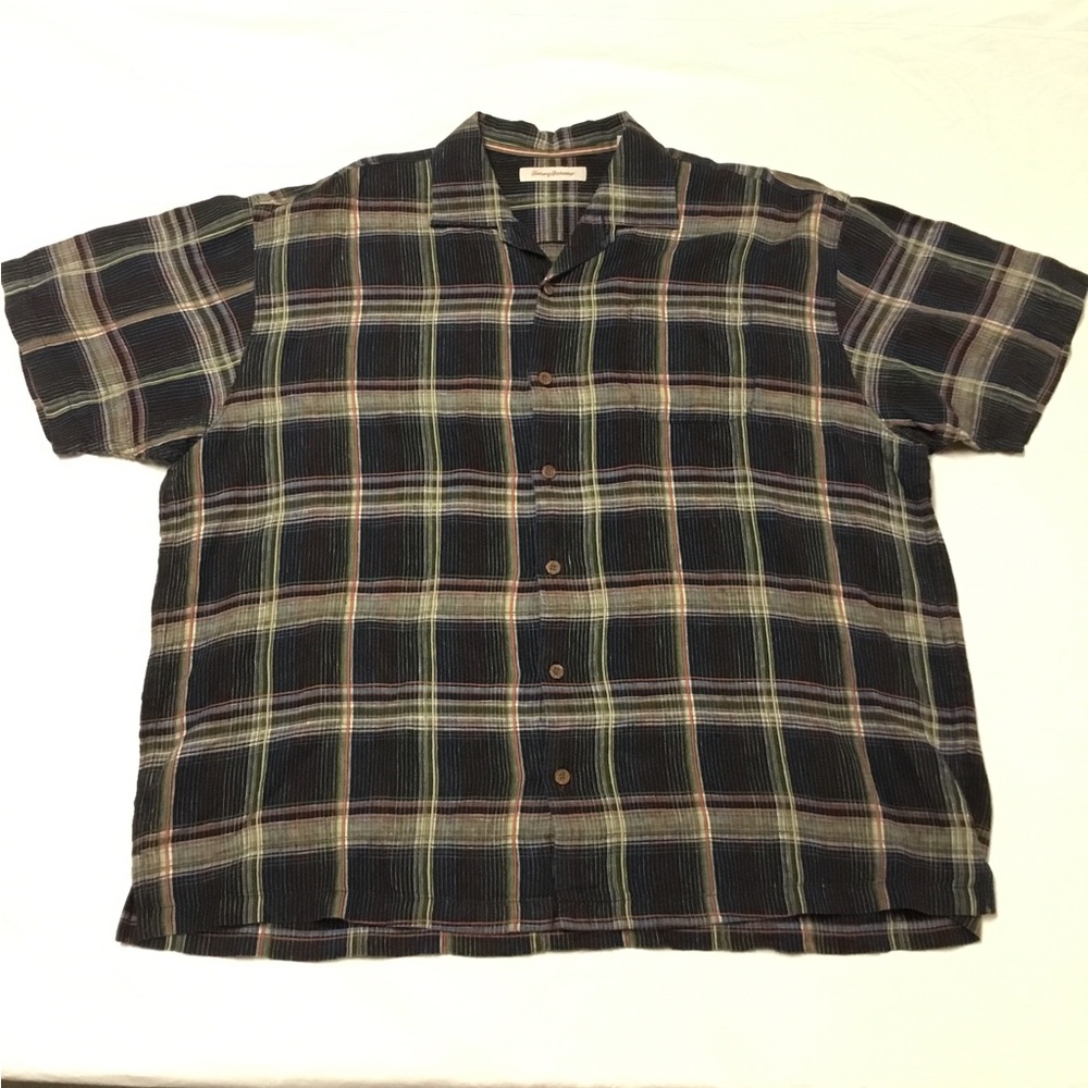 EUC-Tommy Bahama Black and Green Plaid Button Down Shirt XXL